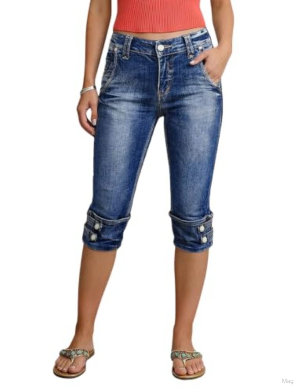 Mid Rise Skinny Capri Jeans Button Tab Roll Hem Stretch Denim